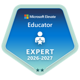 Insignia Microsoft Elevate Educator Expert 2026-2027: escudo azul de Microsoft Elevate con la figura de una persona y una estrella